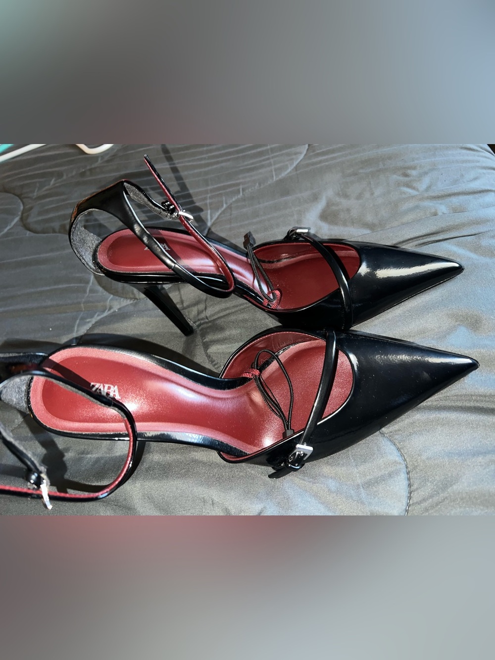 Zara Black Patent Leather Pointed Toe Ankle Strap Heels
